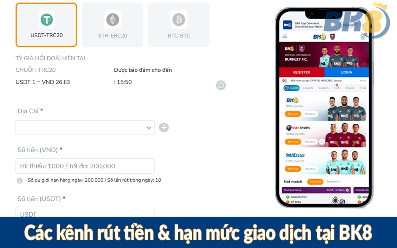 Các kênh rút tiền & hạn mức giao dịch tại BK8