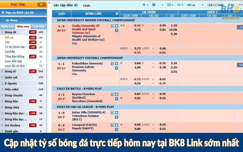 Cập nhật tỷ số bóng đá trực tiếp hôm nay tại BK8 Link sớm nhất