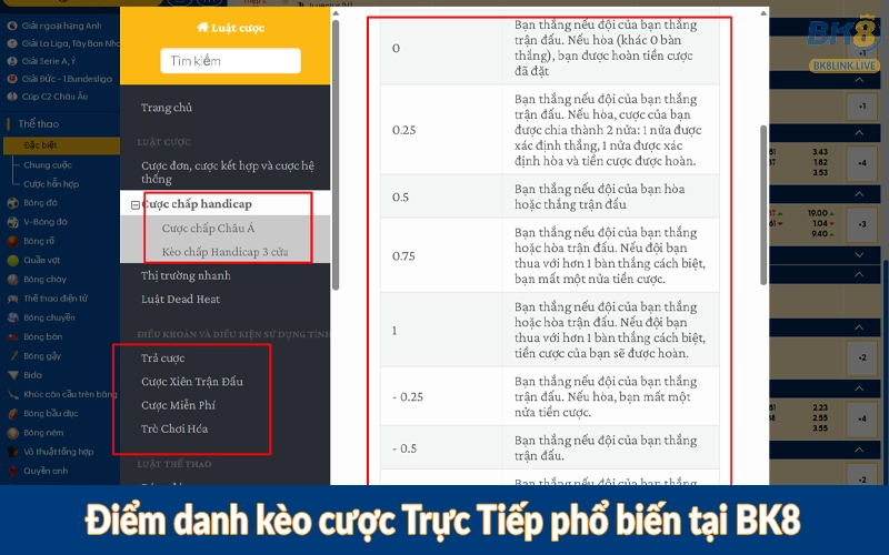 Điểm danh kèo cược Trực Tiếp phổ biến tại BK8