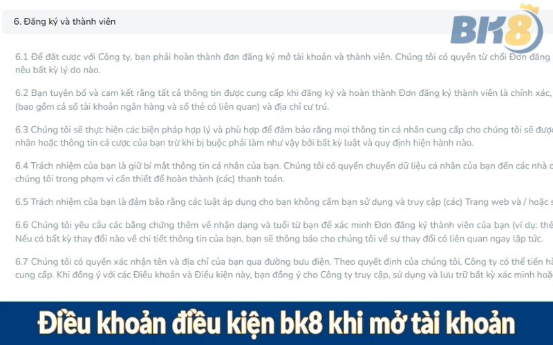 Điều khoản điều kiện bk8 khi mở tài khoản