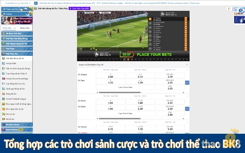 Tổng hợp các trò chơi sảnh cược và trò chơi thể thao BK8